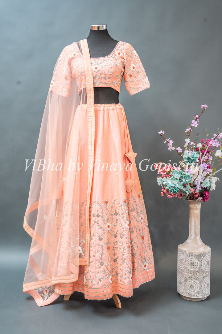 Peach Hand Embroidered Rawsilk Lehenga Set