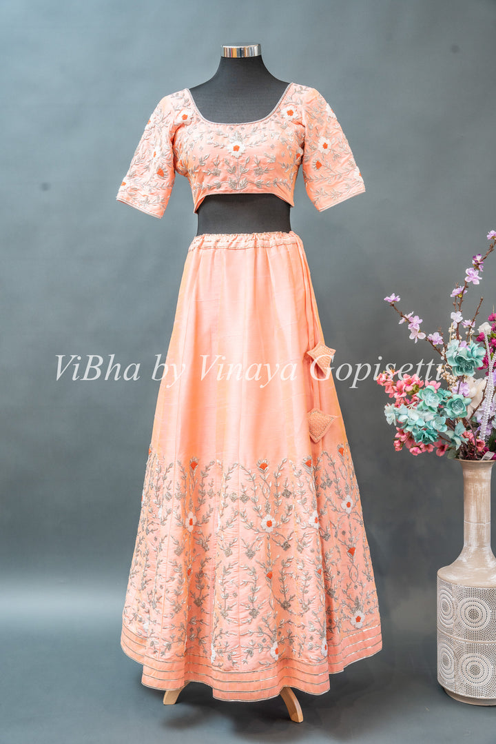 Peach Hand Embroidered Rawsilk Lehenga Set