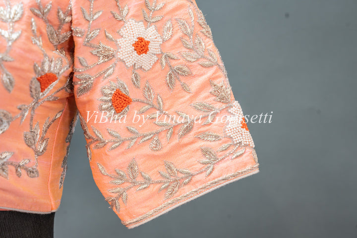 Peach Hand Embroidered Rawsilk Lehenga Set