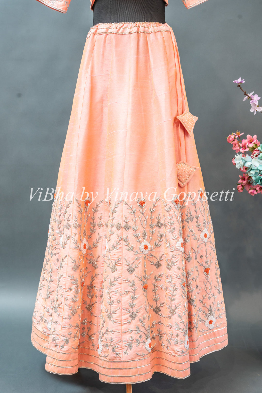 Peach Hand Embroidered Rawsilk Lehenga Set