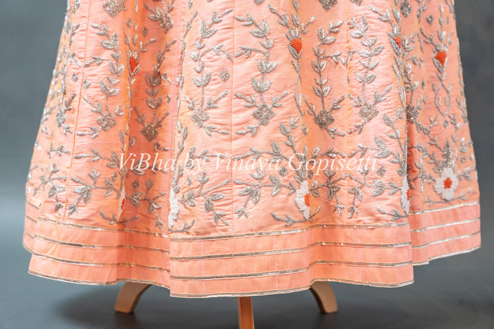 Peach Hand Embroidered Rawsilk Lehenga Set