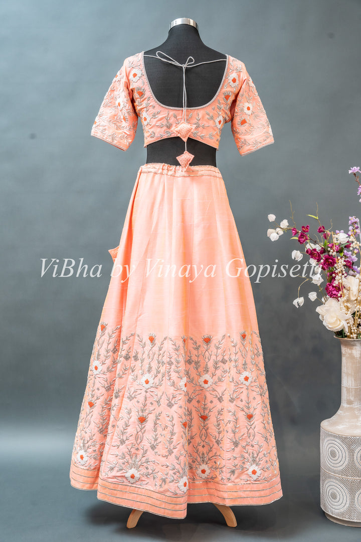 Peach Hand Embroidered Rawsilk Lehenga Set