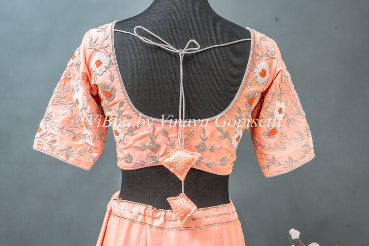 Peach Hand Embroidered Rawsilk Lehenga Set