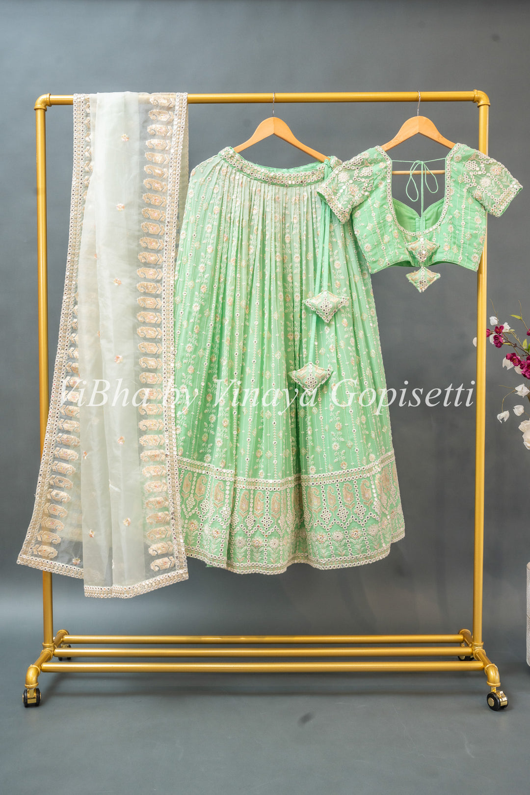 Mint Embroidered Georgette Lehenga Set