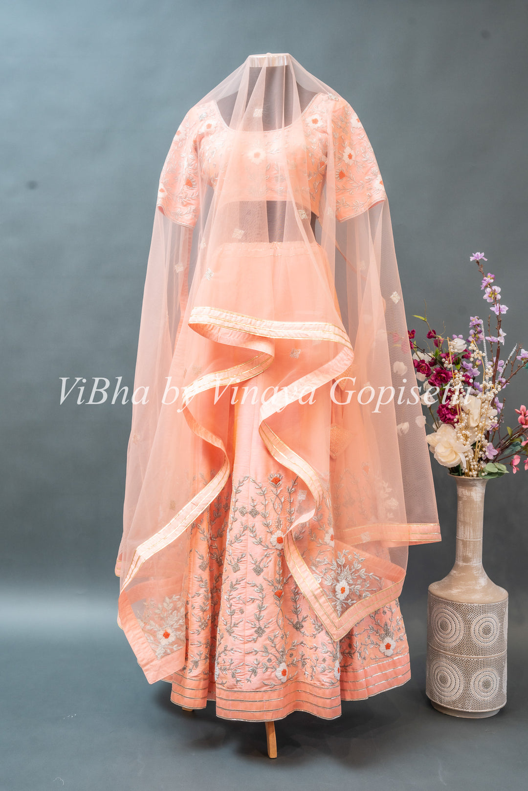 Peach Hand Embroidered Rawsilk Lehenga Set