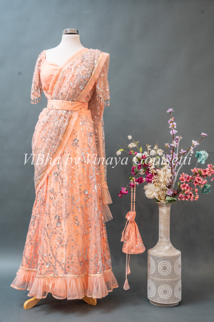 Apricot Peach Embroidered Ready to wear Saree