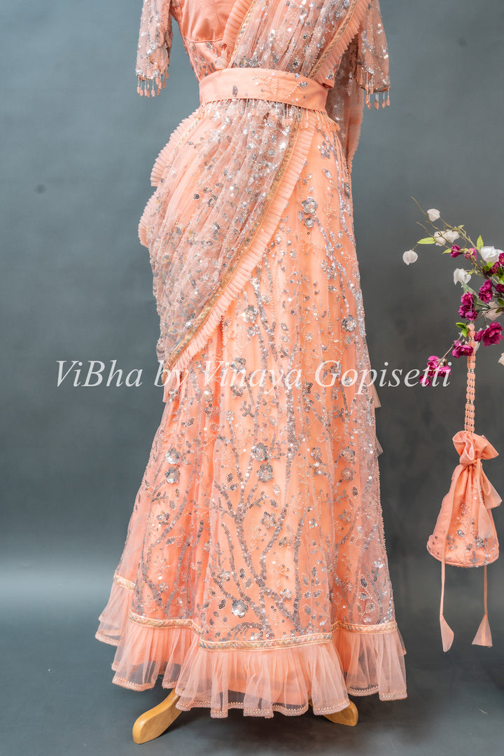 Apricot Peach Embroidered Ready to wear Saree