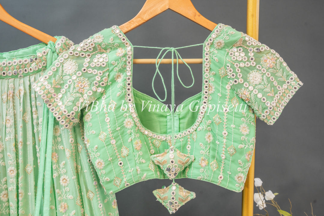 Mint Embroidered Georgette Lehenga Set