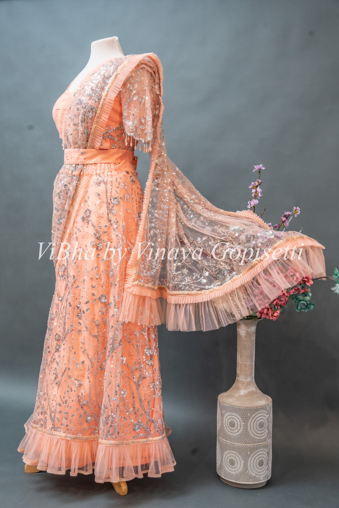 Apricot Peach Embroidered Ready to wear Saree