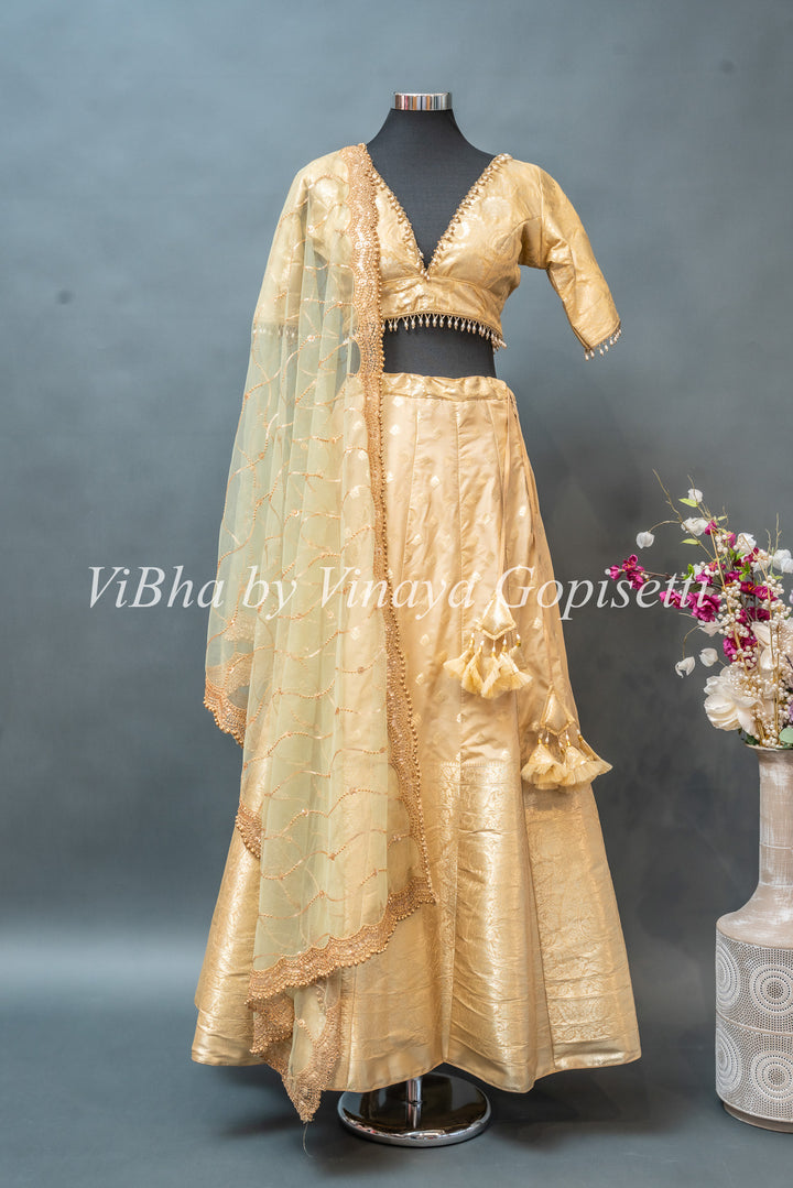 Pastel Gold and Green Banarasi silk lehenga set