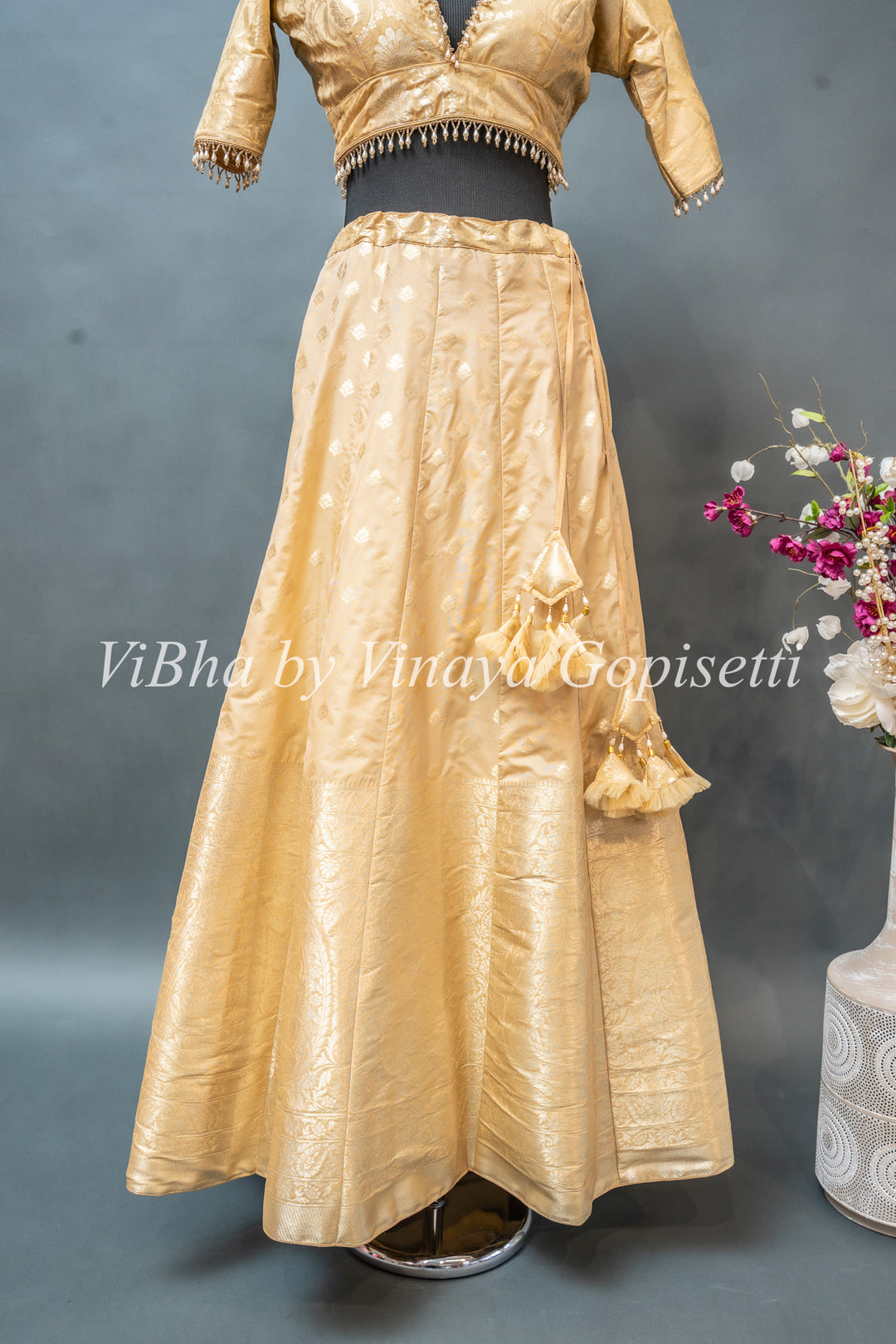 Pastel Gold and Green Banarasi silk lehenga set