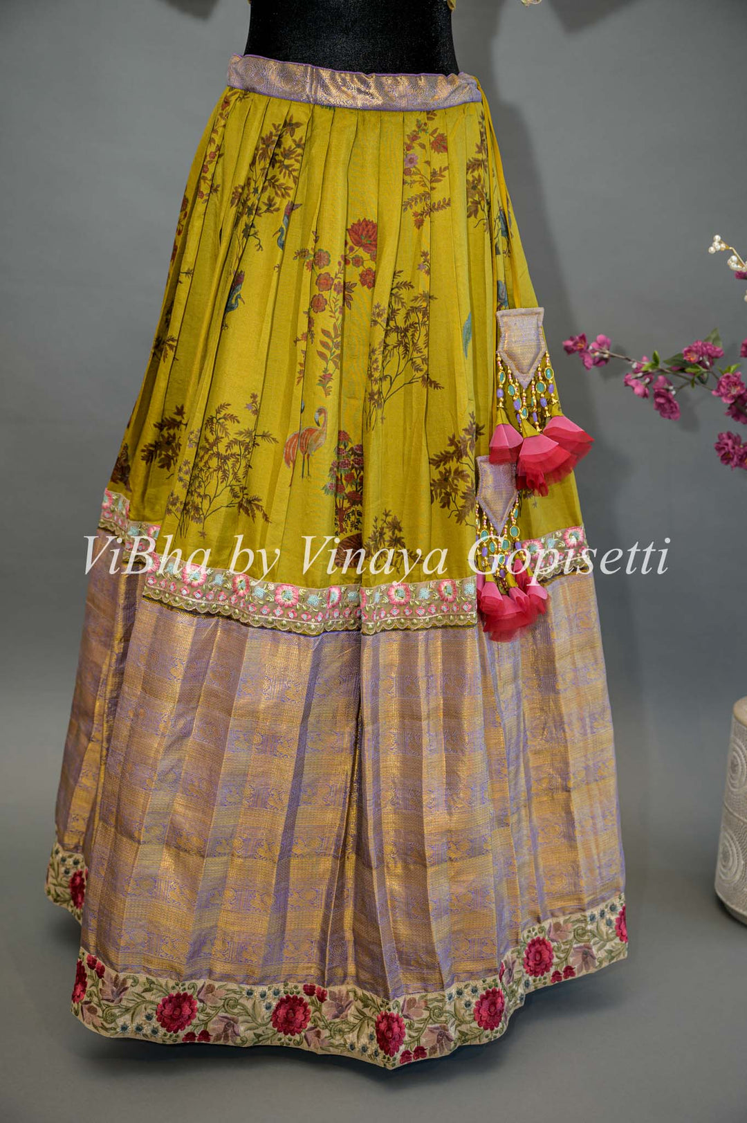 Mehendi Green and Light Purple Kanchi Lehenga With Embroidered Borders And Tissue Kanchi Dupatta