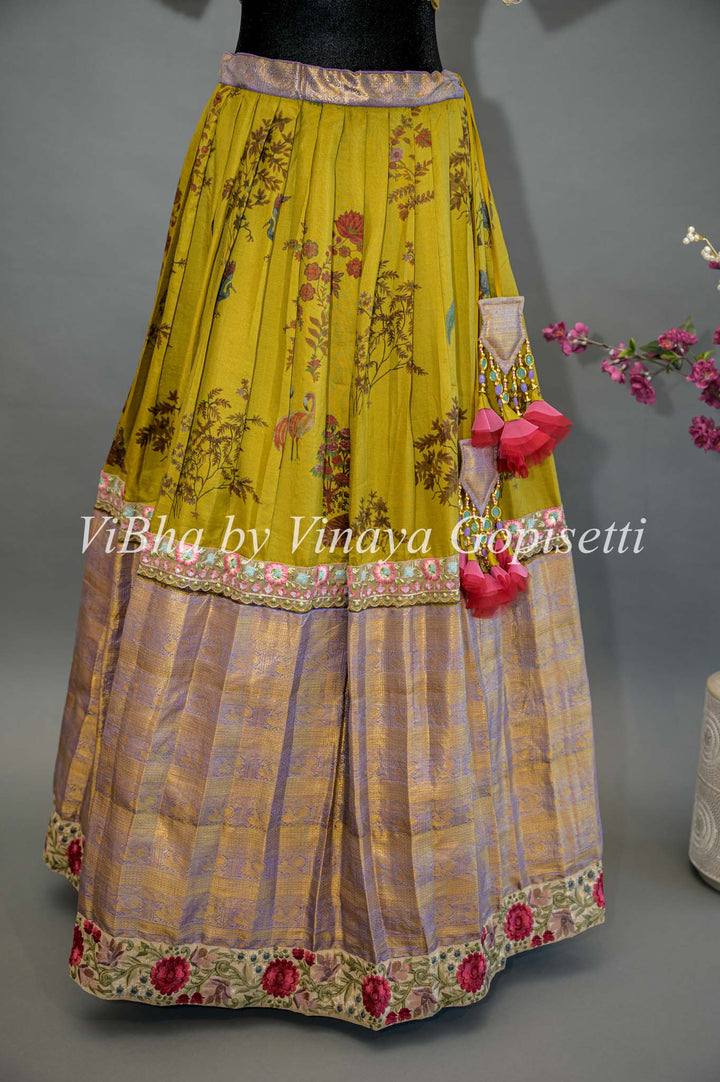 Mehendi Green and Light Purple Kanchi Lehenga With Embroidered Borders And Tissue Kanchi Dupatta