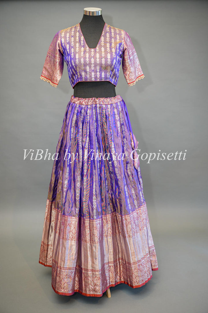 Purple and Peach Tissue Venkatagiri Silk Lehenga With Net Dupatta