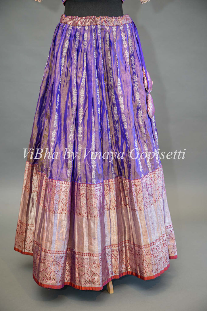 Purple and Peach Tissue Venkatagiri Silk Lehenga With Net Dupatta