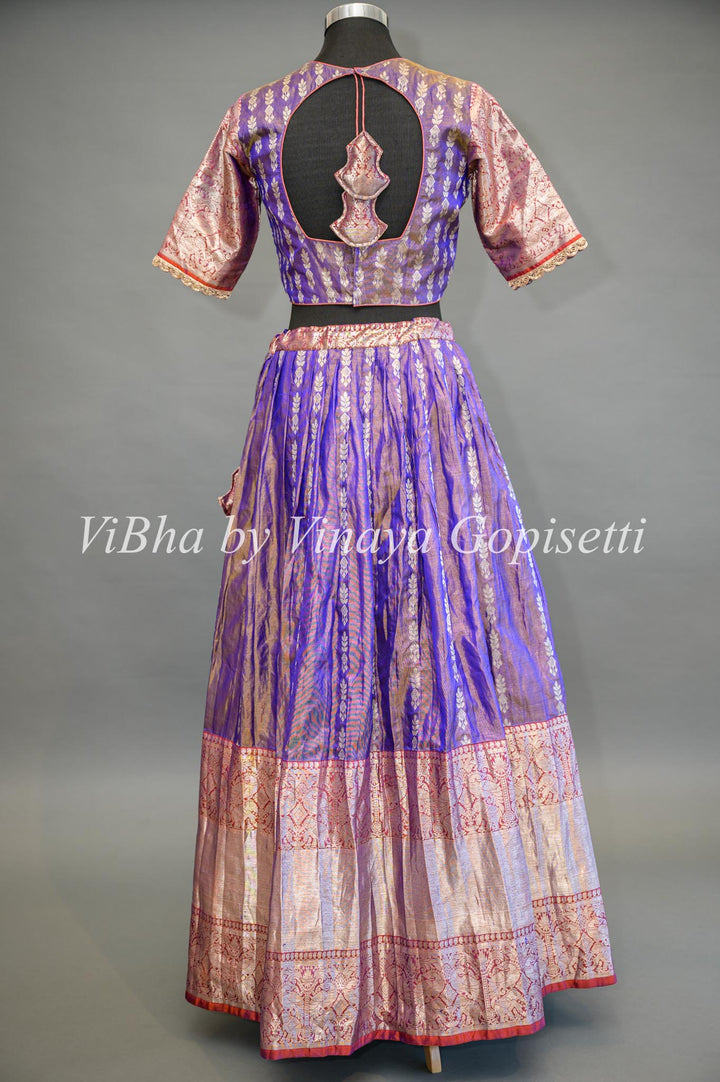 Purple and Peach Tissue Venkatagiri Silk Lehenga With Net Dupatta