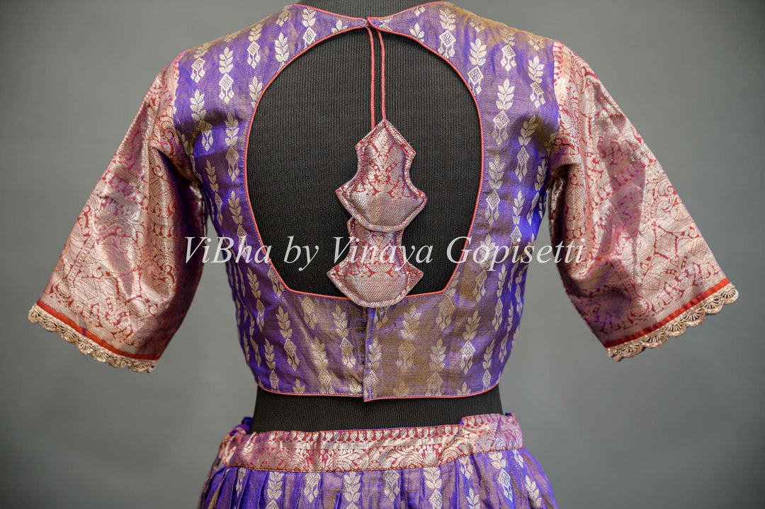 Purple and Peach Tissue Venkatagiri Silk Lehenga With Net Dupatta