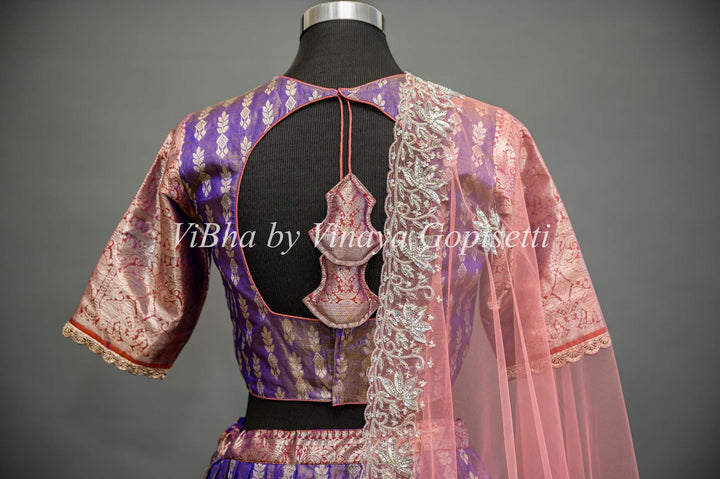 Purple and Peach Tissue Venkatagiri Silk Lehenga With Net Dupatta