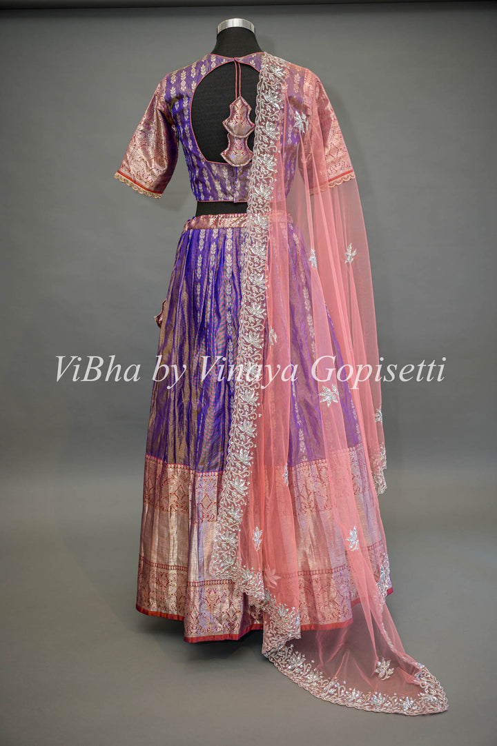 Purple and Peach Tissue Venkatagiri Silk Lehenga With Net Dupatta