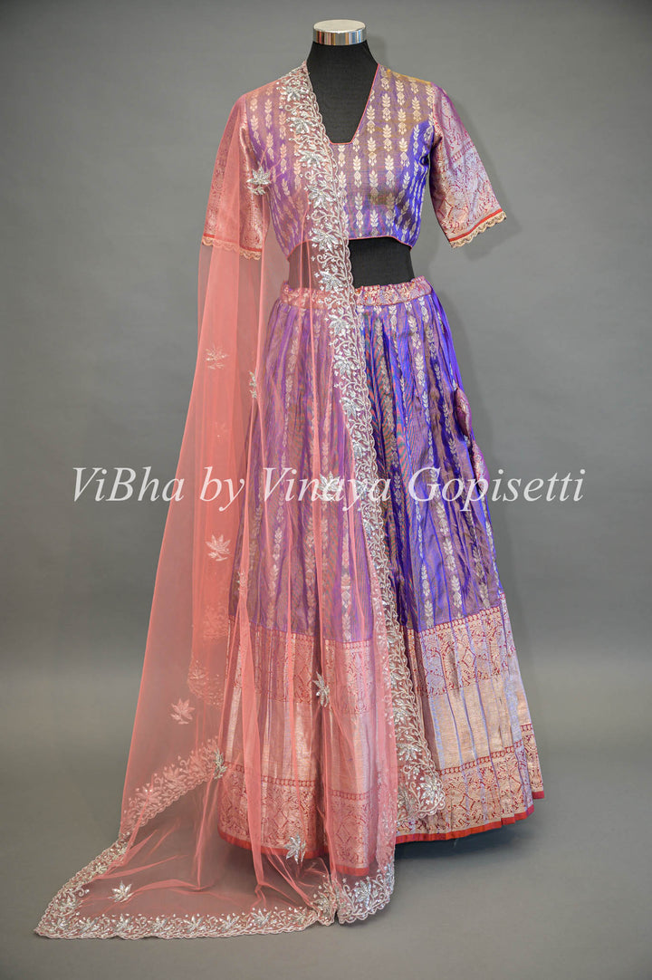 Purple and Peach Tissue Venkatagiri Silk Lehenga With Net Dupatta