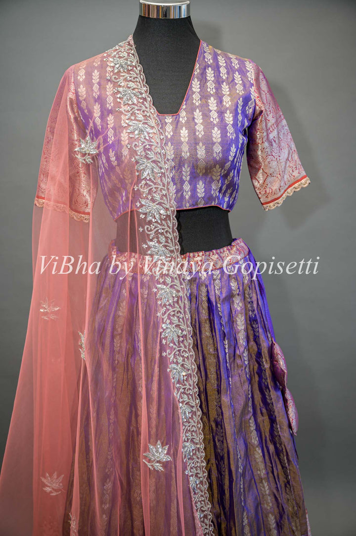 Purple and Peach Tissue Venkatagiri Silk Lehenga With Net Dupatta