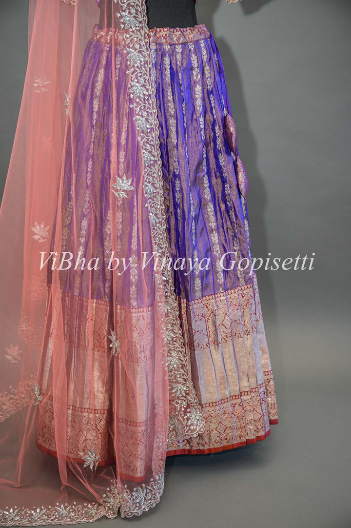 Purple and Peach Tissue Venkatagiri Silk Lehenga With Net Dupatta