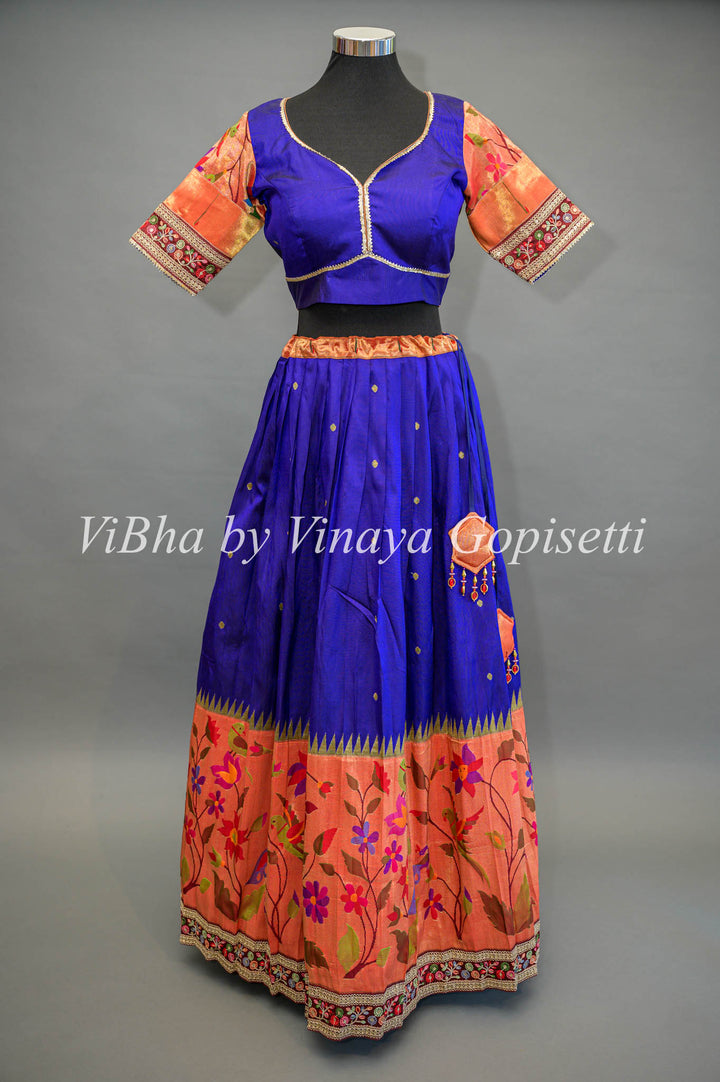 Royal Blue and Pink Paithani Silk Lehenga With Embroidered Borders and Pink Dupatta