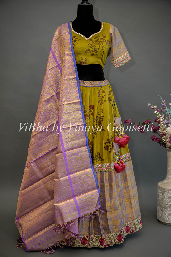 Mehendi Green and Light Purple Kanchi Lehenga With Embroidered Borders And Tissue Kanchi Dupatta