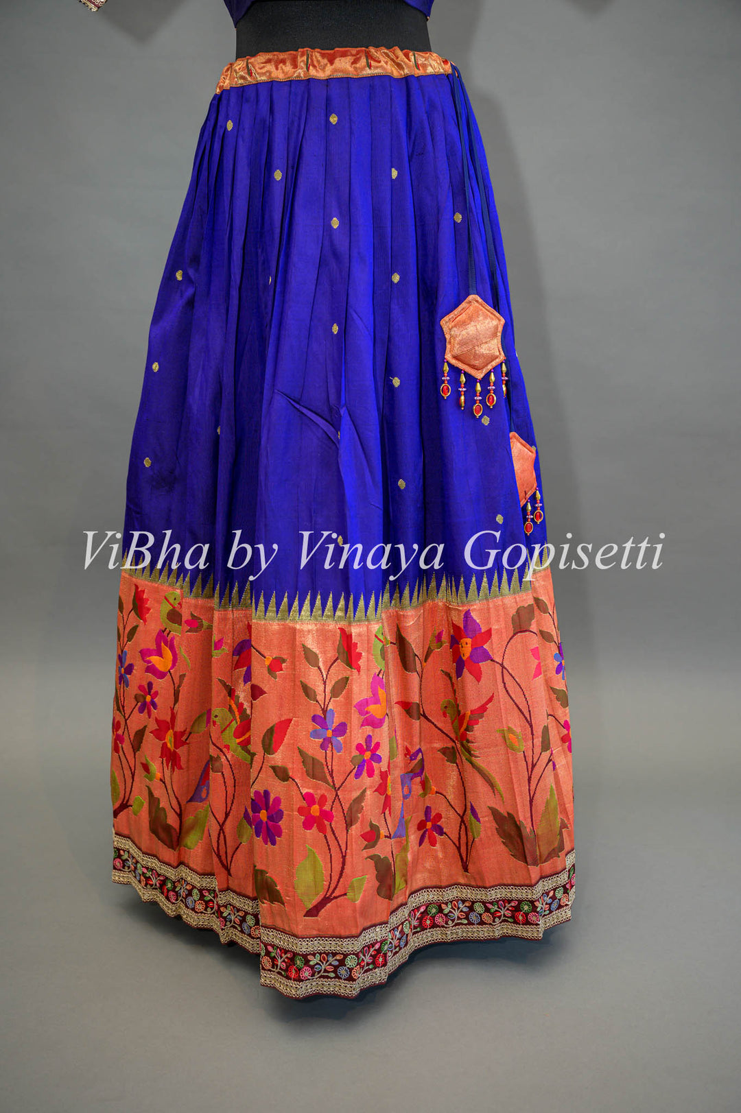 Royal Blue and Pink Paithani Silk Lehenga With Embroidered Borders and Pink Dupatta