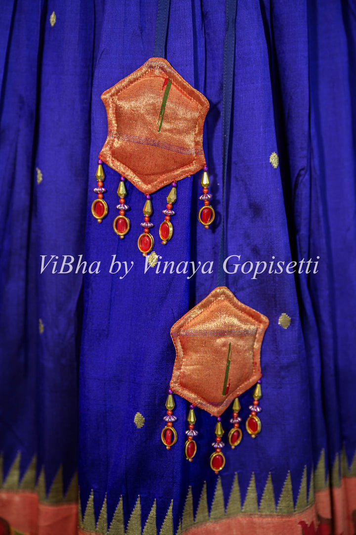 Royal Blue and Pink Paithani Silk Lehenga With Embroidered Borders and Pink Dupatta