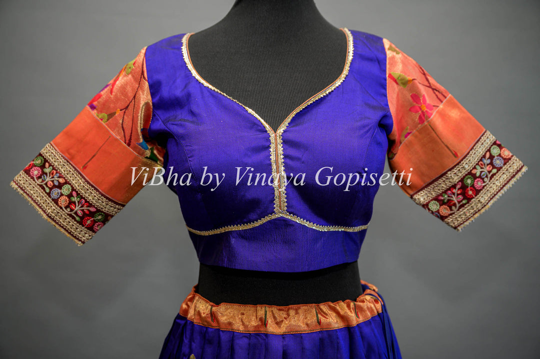 Royal Blue and Pink Paithani Silk Lehenga With Embroidered Borders and Pink Dupatta