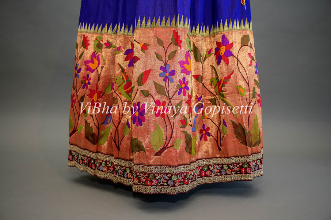 Royal Blue and Pink Paithani Silk Lehenga With Embroidered Borders and Pink Dupatta