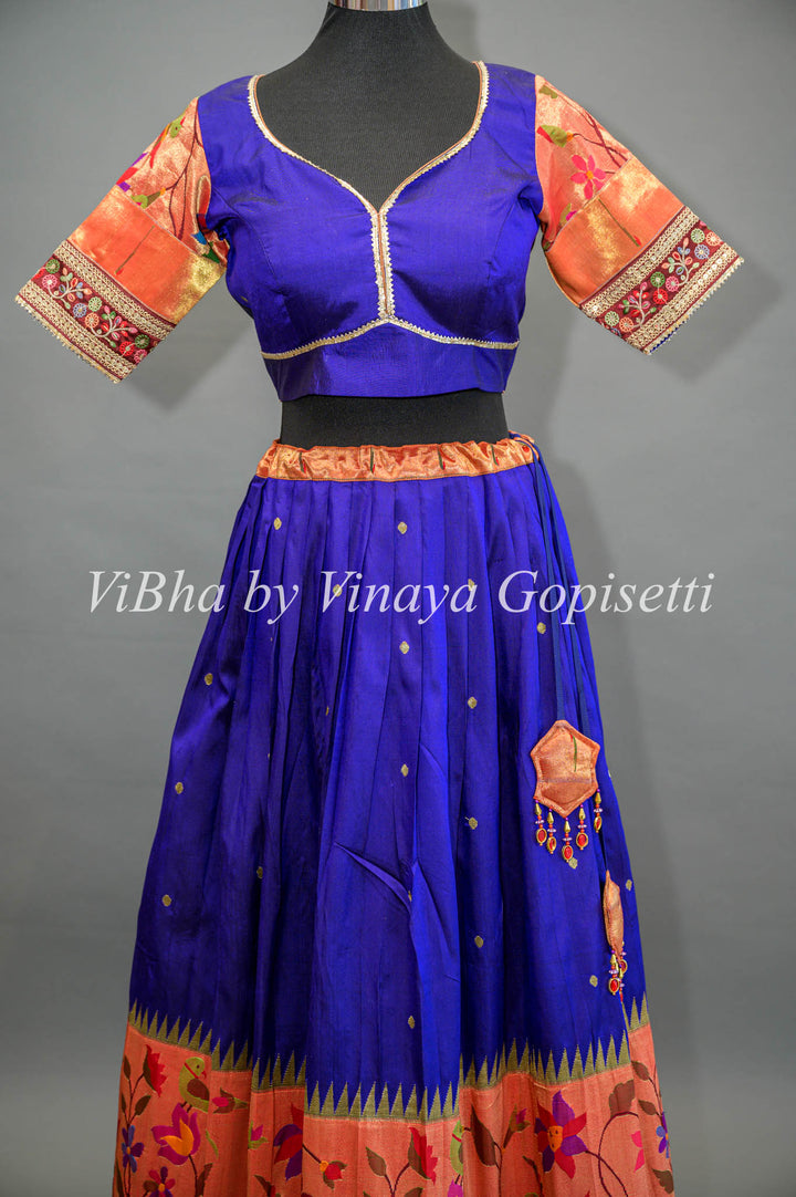 Royal Blue and Pink Paithani Silk Lehenga With Embroidered Borders and Pink Dupatta