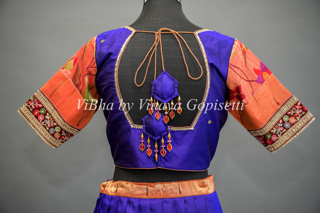 Royal Blue and Pink Paithani Silk Lehenga With Embroidered Borders and Pink Dupatta