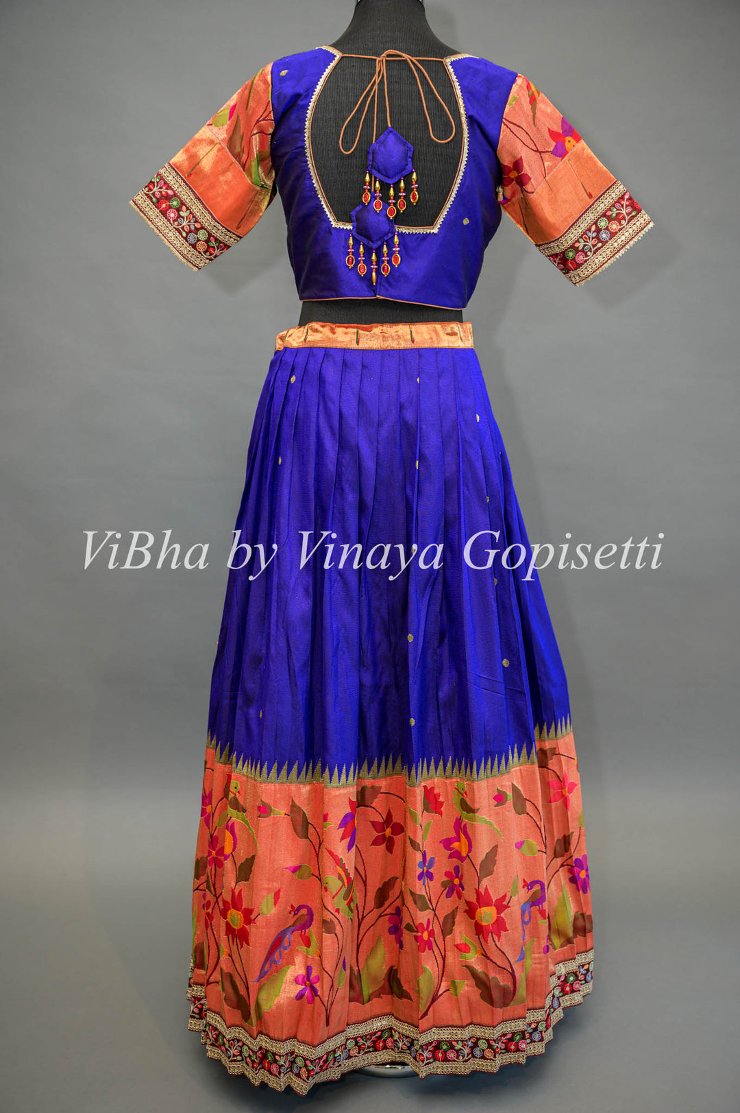 Royal Blue and Pink Paithani Silk Lehenga With Embroidered Borders and Pink Dupatta