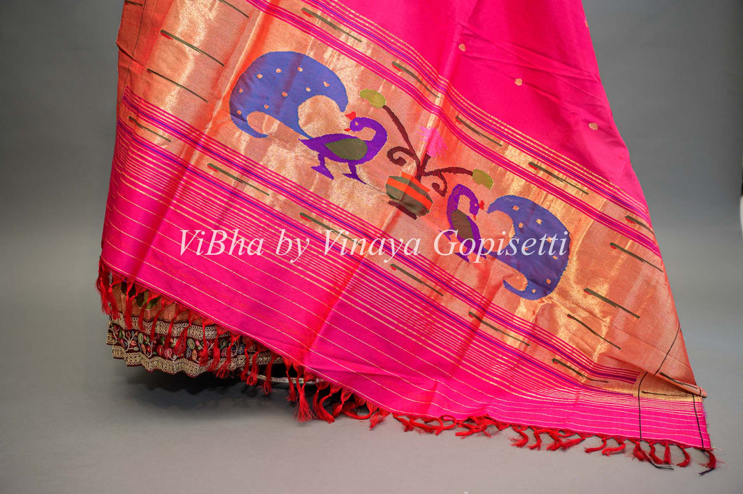 Royal Blue and Pink Paithani Silk Lehenga With Embroidered Borders and Pink Dupatta