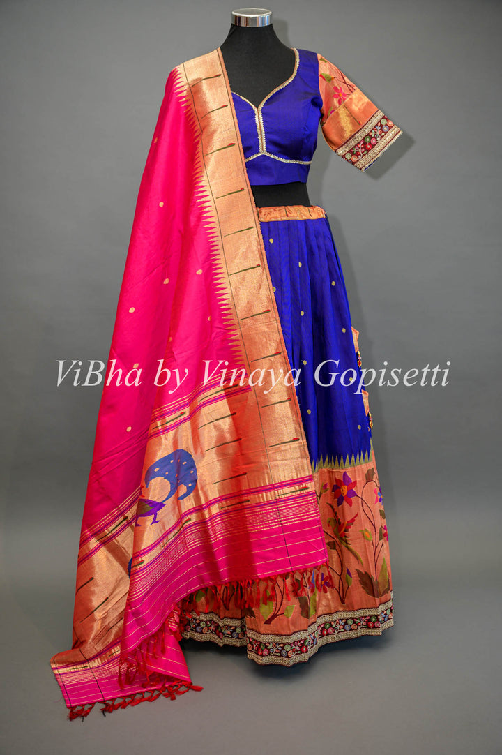 Royal Blue and Pink Paithani Silk Lehenga With Embroidered Borders and Pink Dupatta