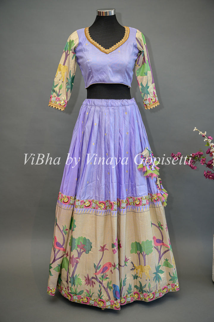 Lilac and Gold Paithani Silk Lehenga With Embroidered Borders And Burgundy Paithani Silk Dupatta