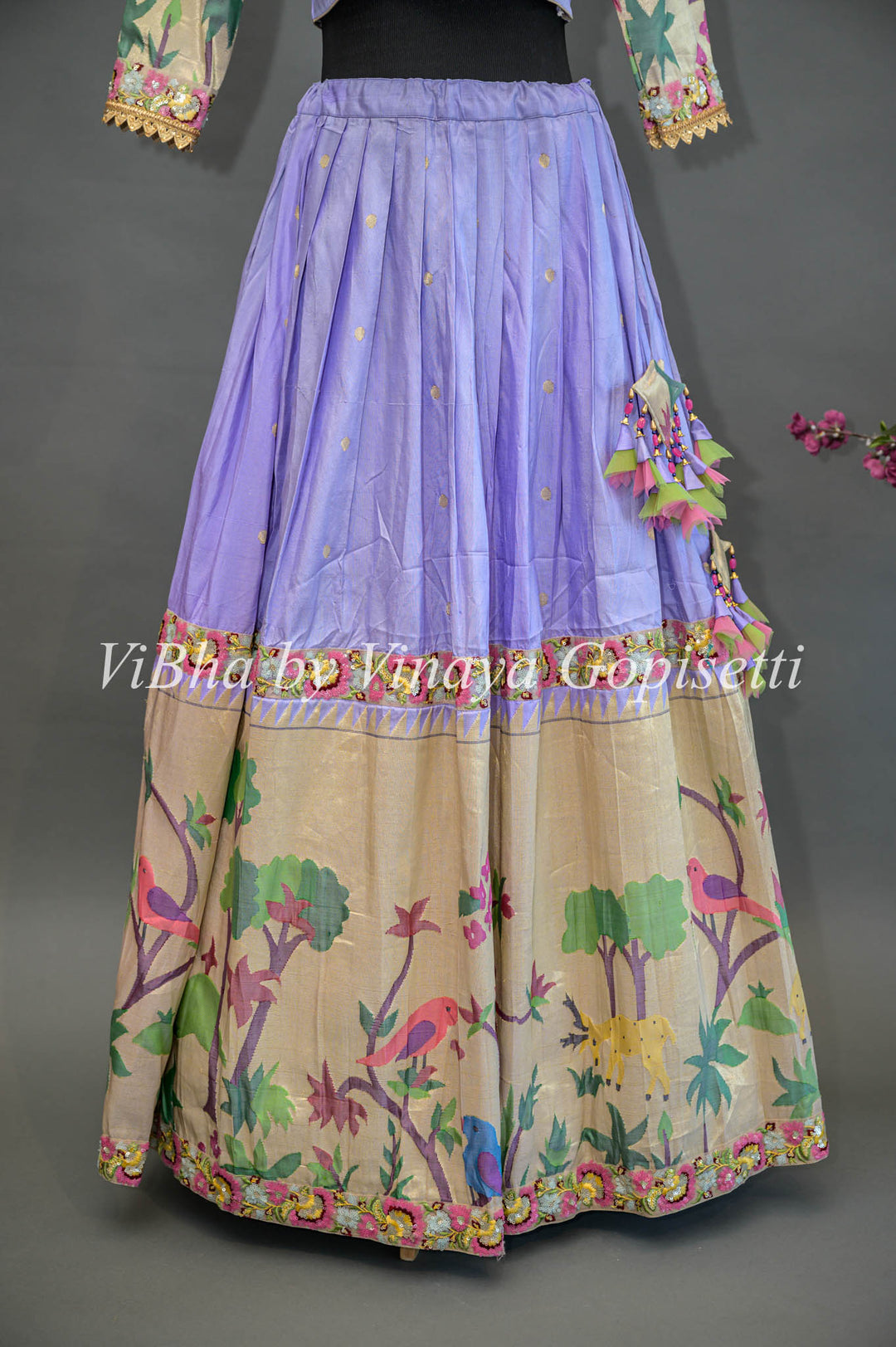 Lilac and Gold Paithani Silk Lehenga With Embroidered Borders And Burgundy Paithani Silk Dupatta