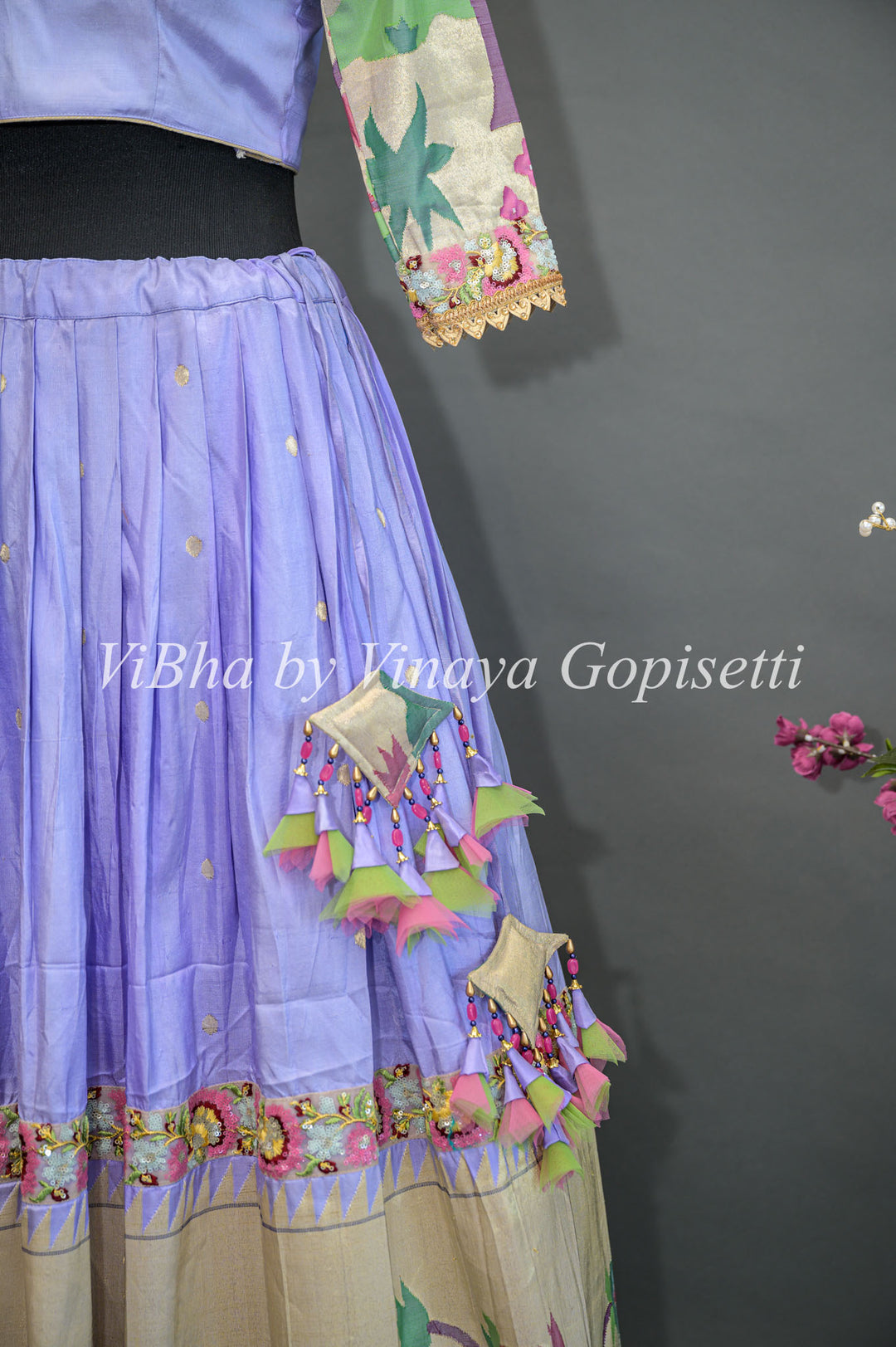 Lilac and Gold Paithani Silk Lehenga With Embroidered Borders And Burgundy Paithani Silk Dupatta