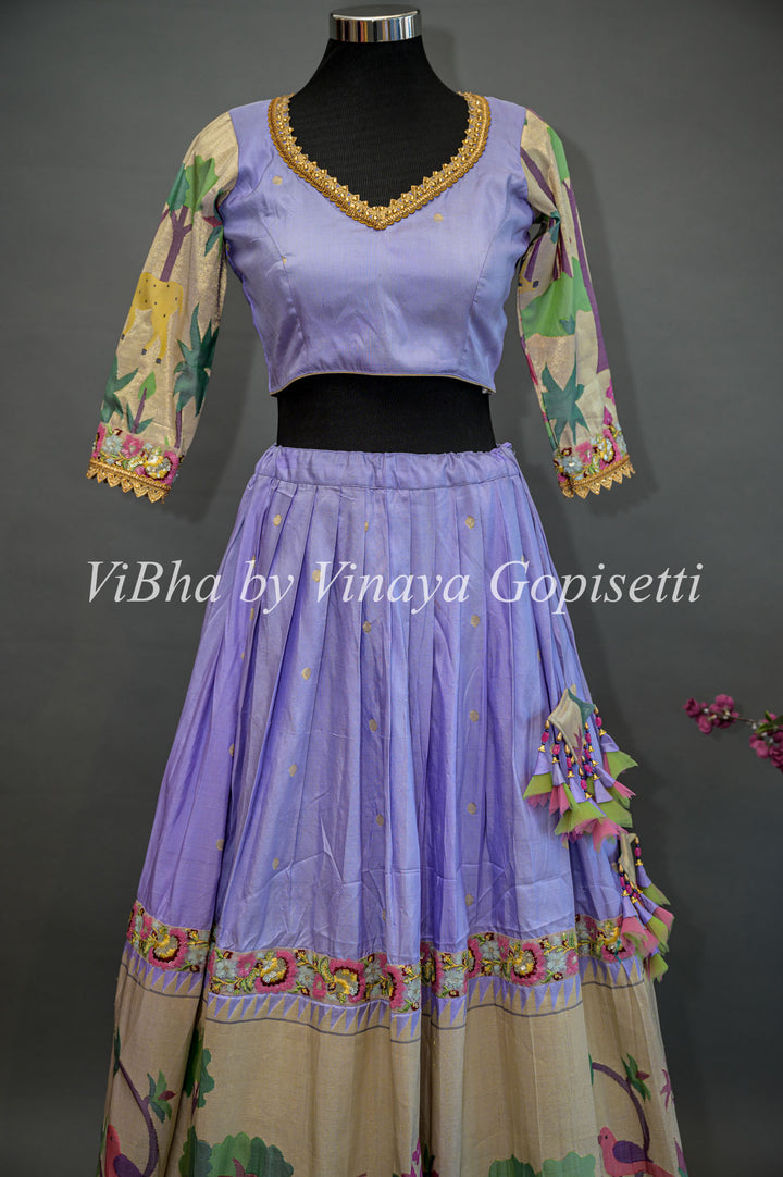 Lilac and Gold Paithani Silk Lehenga With Embroidered Borders And Burgundy Paithani Silk Dupatta