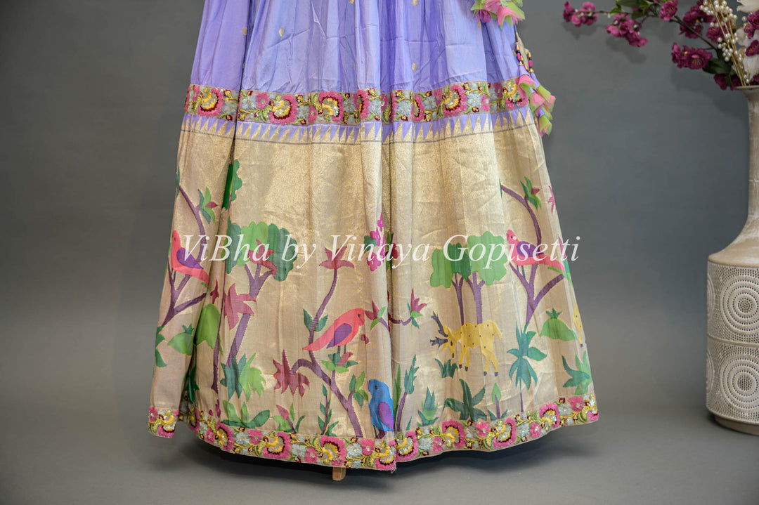 Lilac and Gold Paithani Silk Lehenga With Embroidered Borders And Burgundy Paithani Silk Dupatta