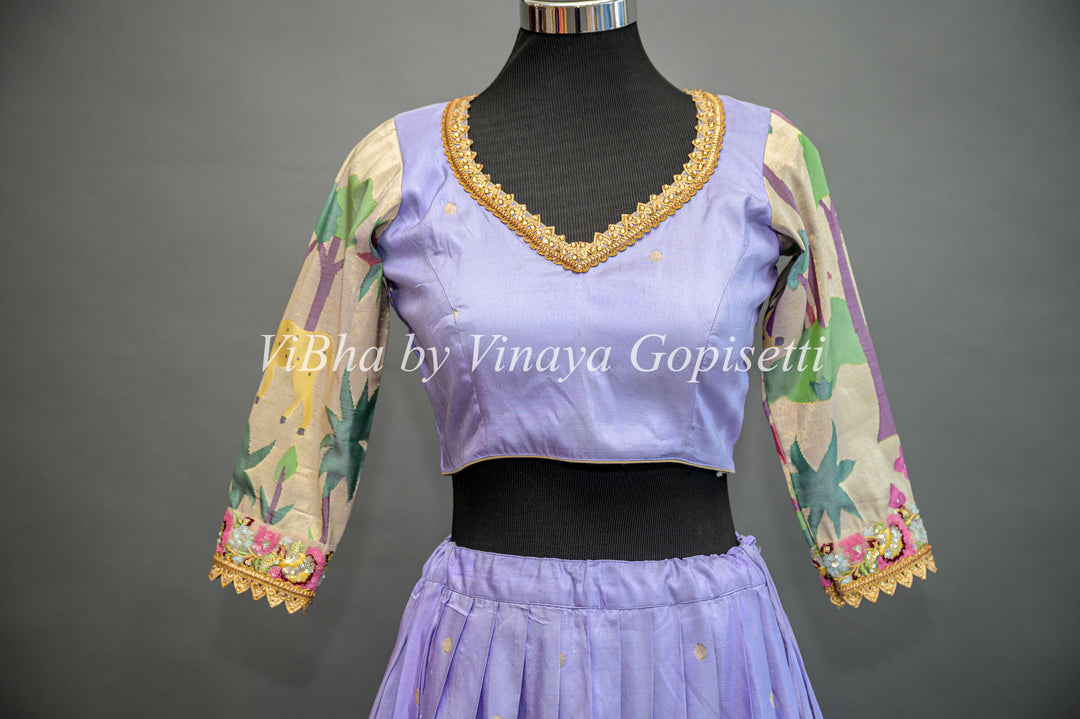 Lilac and Gold Paithani Silk Lehenga With Embroidered Borders And Burgundy Paithani Silk Dupatta