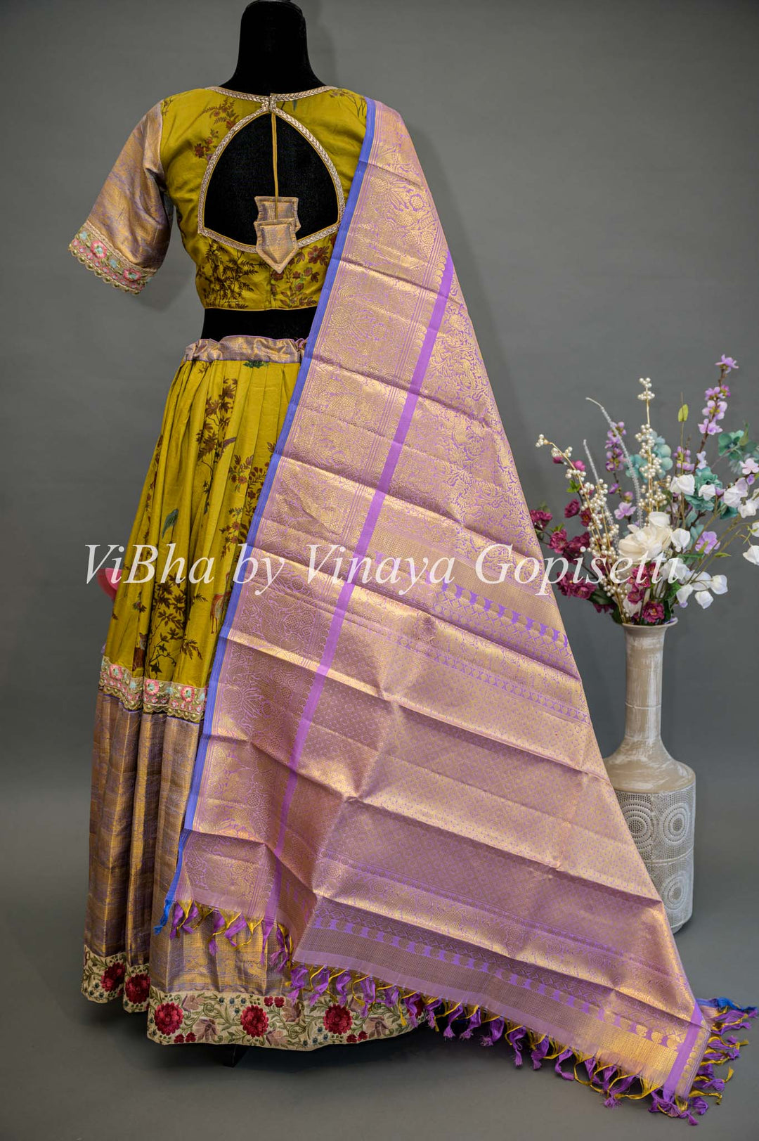 Mehendi Green and Light Purple Kanchi Lehenga With Embroidered Borders And Tissue Kanchi Dupatta