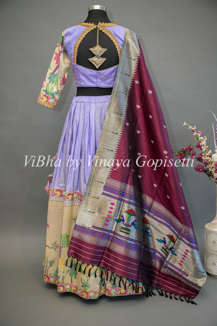 Lilac and Gold Paithani Silk Lehenga With Embroidered Borders And Burgundy Paithani Silk Dupatta