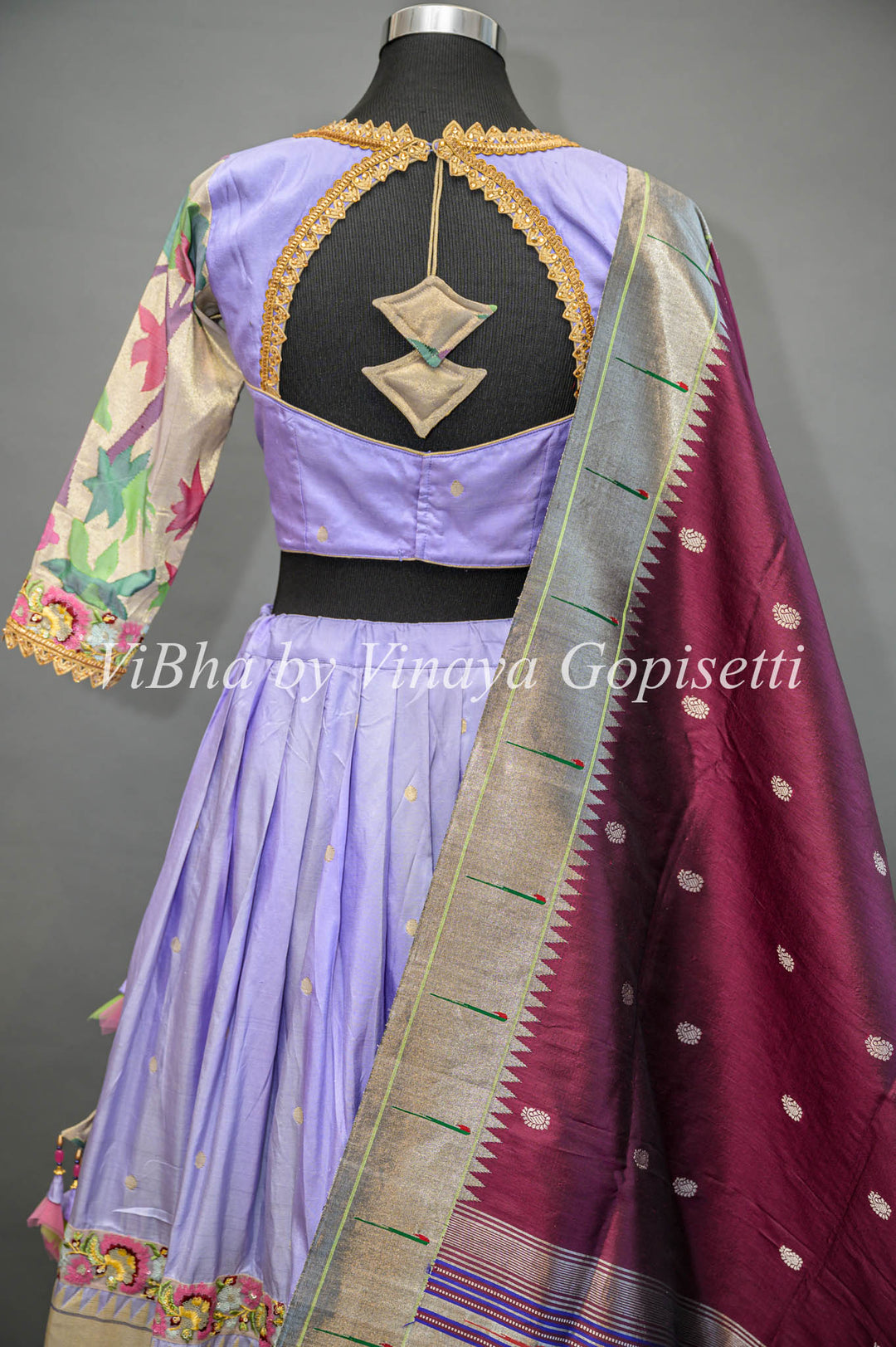 Lilac and Gold Paithani Silk Lehenga With Embroidered Borders And Burgundy Paithani Silk Dupatta