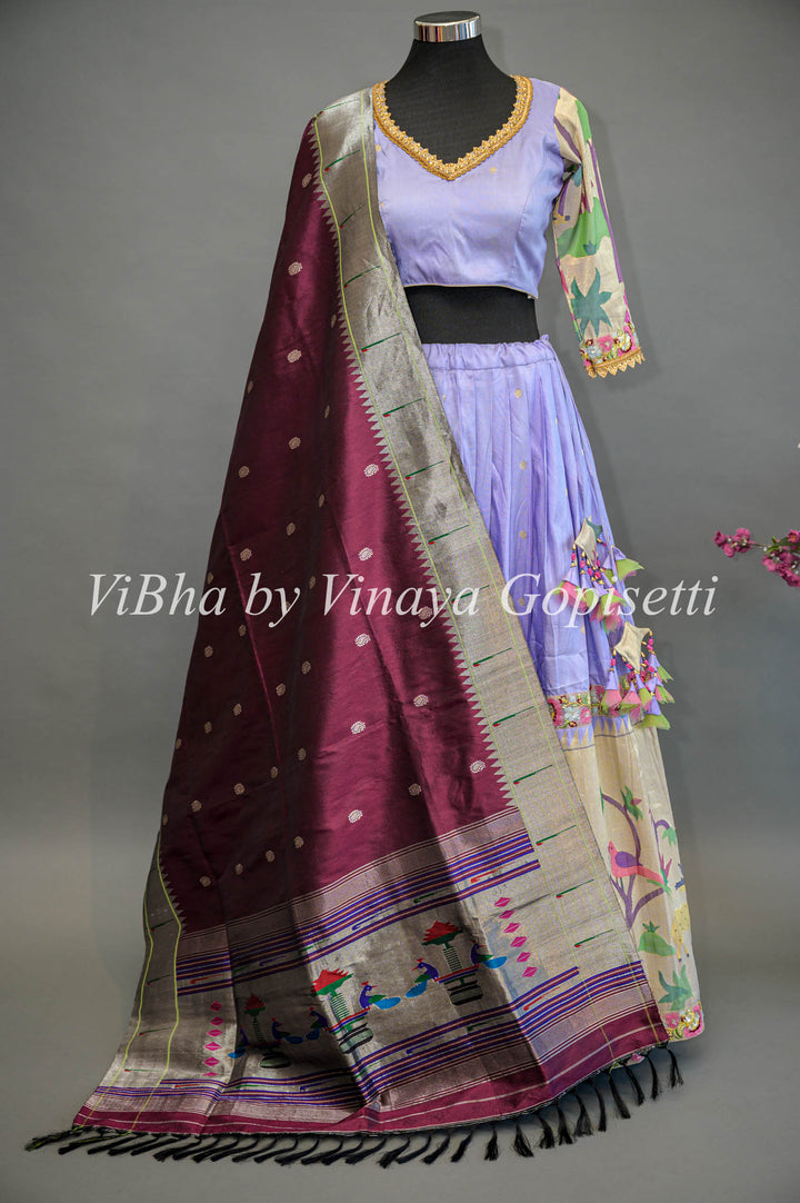 Lilac and Gold Paithani Silk Lehenga With Embroidered Borders And Burgundy Paithani Silk Dupatta