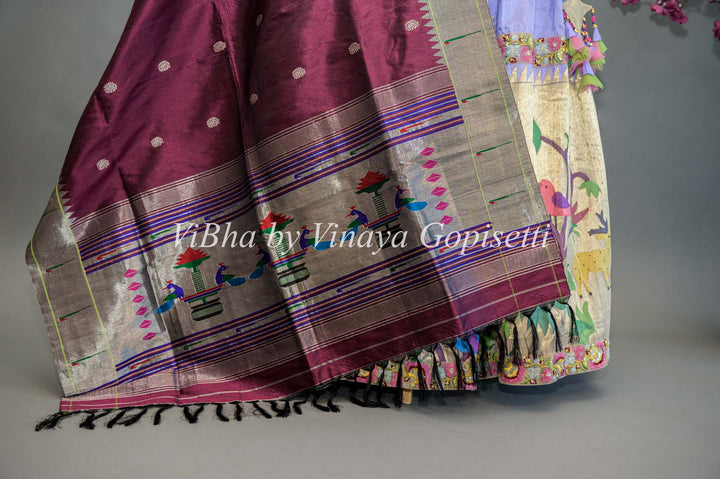 Lilac and Gold Paithani Silk Lehenga With Embroidered Borders And Burgundy Paithani Silk Dupatta