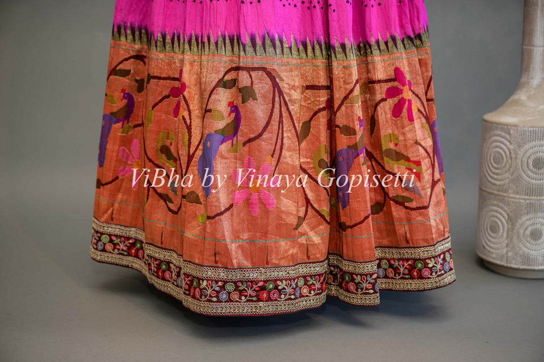 Hot Pink and Red Bandhani Paithani Silk Lehenga With Embroidered Borders And Red Paithani Silk Dupatta