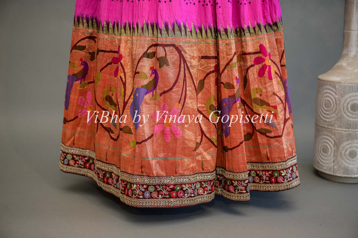 Hot Pink and Red Bandhani Paithani Silk Lehenga With Embroidered Borders And Red Paithani Silk Dupatta